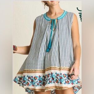 Umgee White Tunic with Teal Accents and Multicolor Floral Border